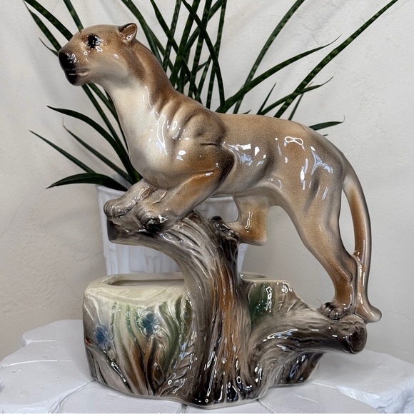 Vintage MCM 1960 Lane & Co Van Nuys CA P-77 Cougar Mountain Lion On Tree Planter - Picture 1 of 17